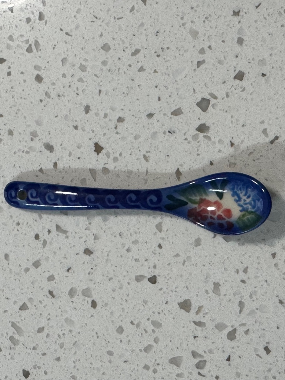 Vintage Polish Pottery Blue Rose Sugar Spoon